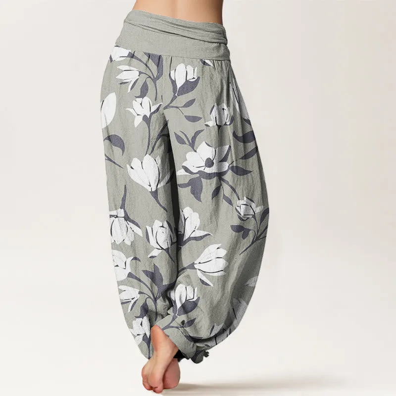 Buddha Stones Retro Magnolia Flowers Women's Elastic Waist Harem Pants