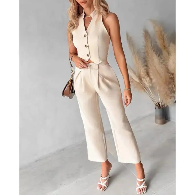 Buttoned Vest Top & Pocket High Waist Wide Straight Leg Pants