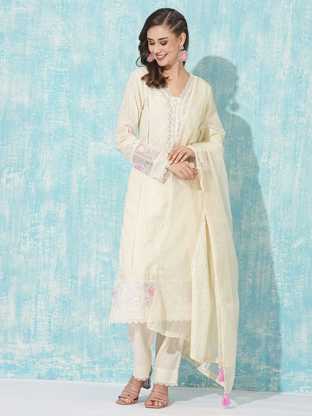 Buy V-Neck All Over Embroidered Calf Length Cream Straight Suit Set With Dupatta For Women Online - Zola