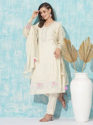 Buy V-Neck All Over Embroidered Calf Length Cream Straight Suit Set With Dupatta For Women Online - Zola