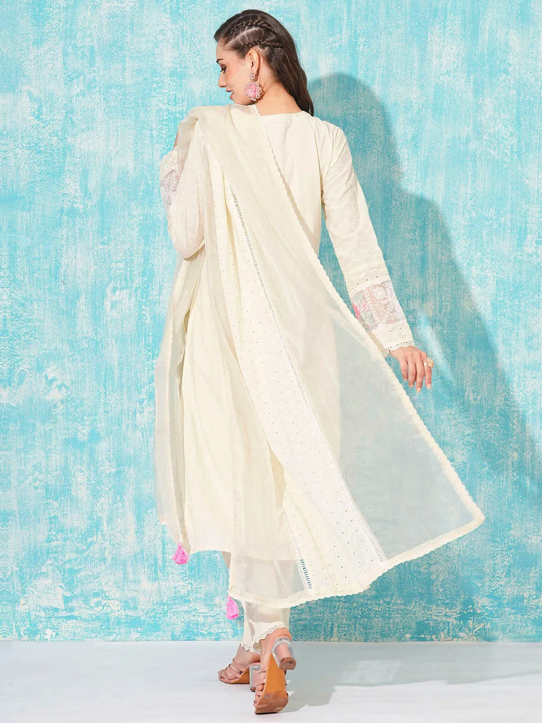 Buy V-Neck All Over Embroidered Calf Length Cream Straight Suit Set With Dupatta For Women Online - Zola