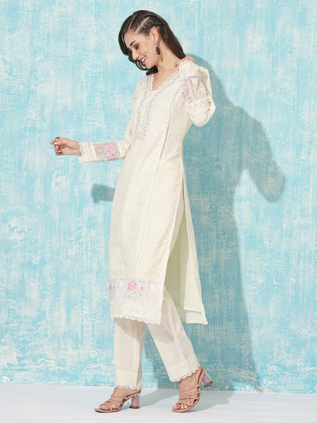 Buy V-Neck All Over Embroidered Calf Length Cream Straight Suit Set With Dupatta For Women Online - Zola