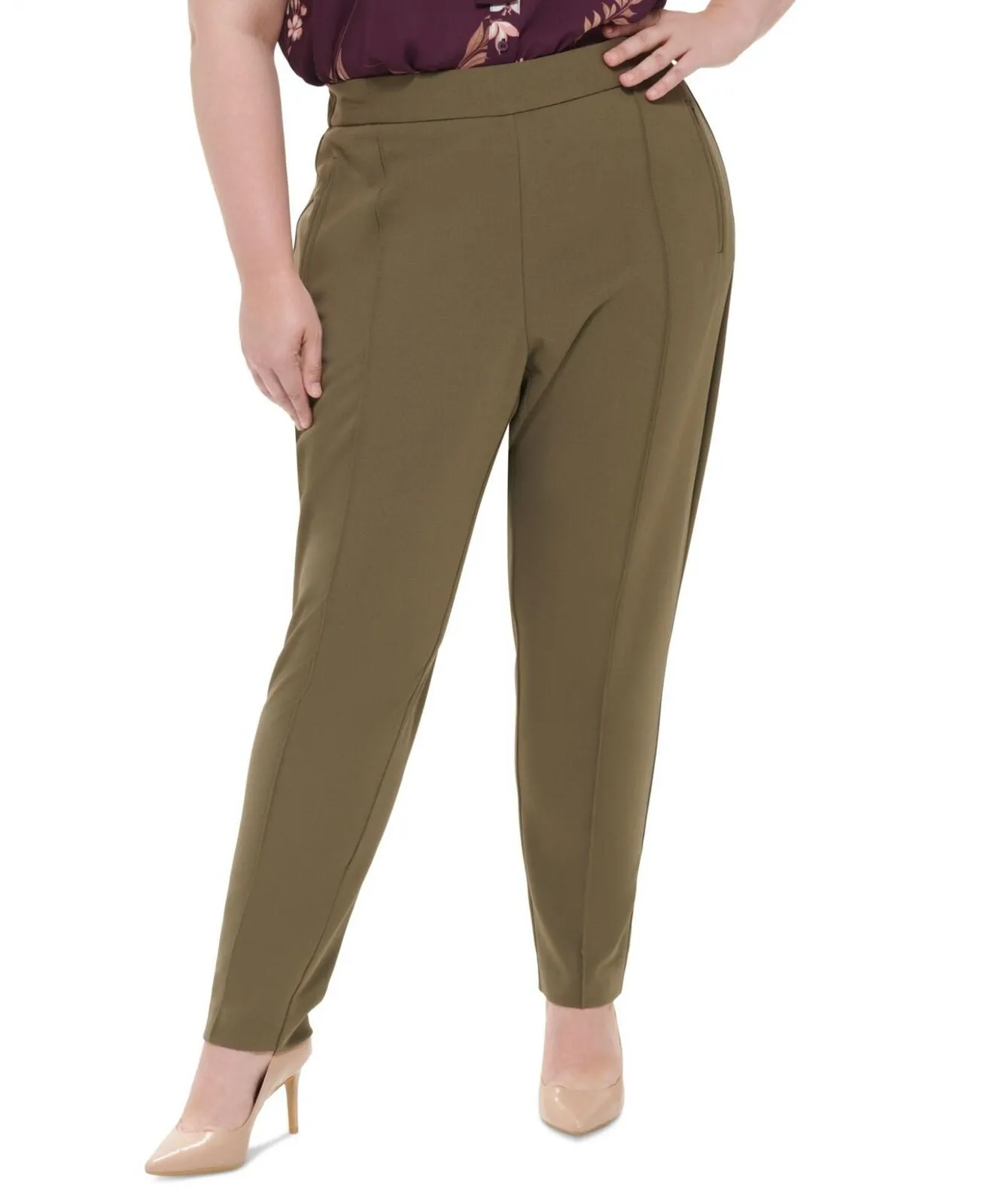 Calvin Klein Plus Mid Rise Slim Leg Straight Leg Pants X28PC533 Caper Green 18W