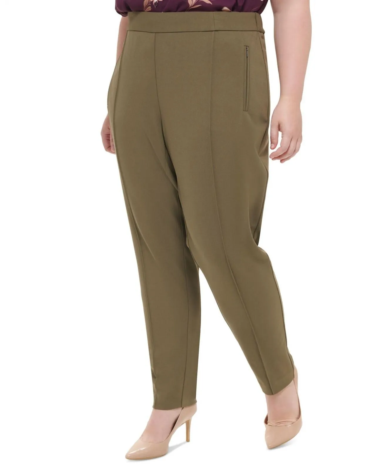 Calvin Klein Plus Mid Rise Slim Leg Straight Leg Pants X28PC533 Caper Green 18W