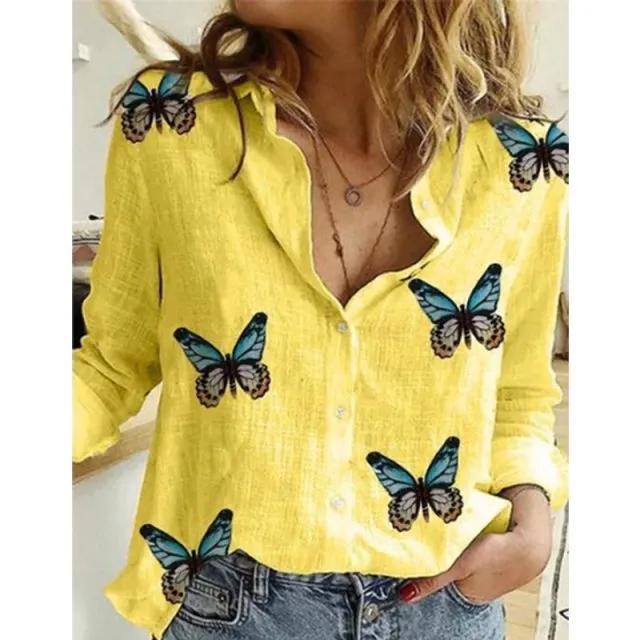 Casual Long Sleeve Birds Print Loose Shirts Women Oversized Cotton and Linen Blouses and Tops Vintage Streetwear Tunic Tees