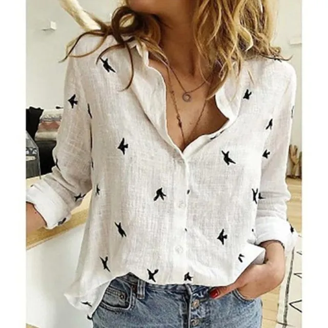 Casual Long Sleeve Birds Print Loose Shirts Women Oversized Cotton and Linen Blouses and Tops Vintage Streetwear Tunic Tees
