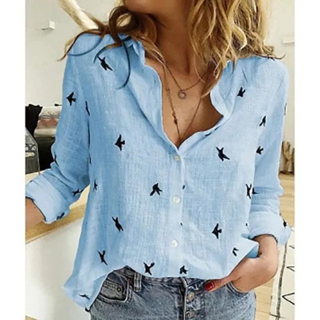 Casual Long Sleeve Birds Print Loose Shirts Women Oversized Cotton and Linen Blouses and Tops Vintage Streetwear Tunic Tees