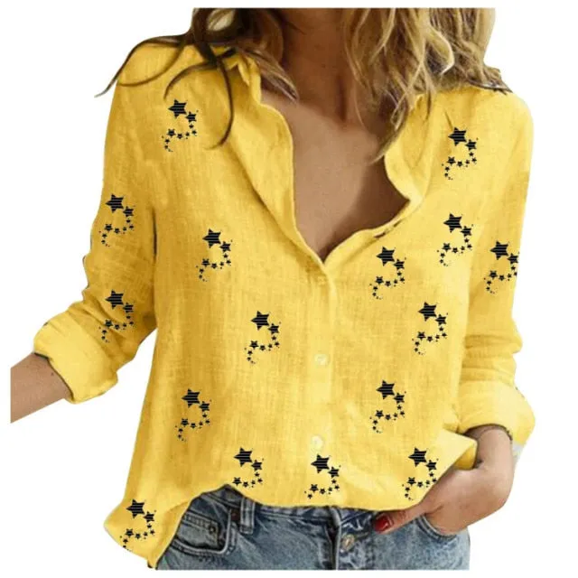 Casual Long Sleeve Birds Print Loose Shirts Women Oversized Cotton and Linen Blouses and Tops Vintage Streetwear Tunic Tees