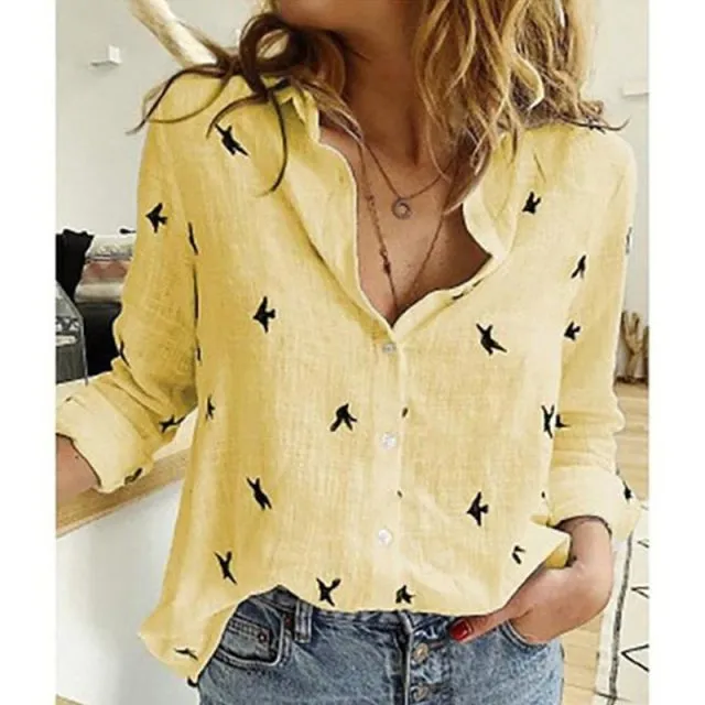 Casual Long Sleeve Birds Print Loose Shirts Women Oversized Cotton and Linen Blouses and Tops Vintage Streetwear Tunic Tees