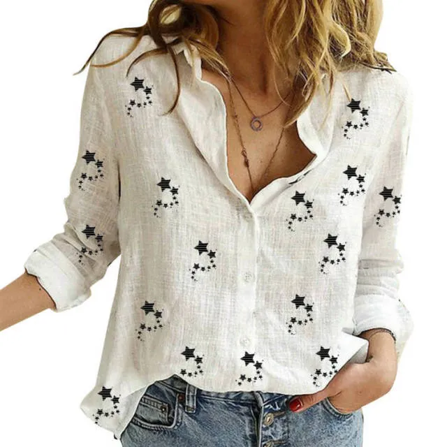 Casual Long Sleeve Birds Print Loose Shirts Women Oversized Cotton and Linen Blouses and Tops Vintage Streetwear Tunic Tees