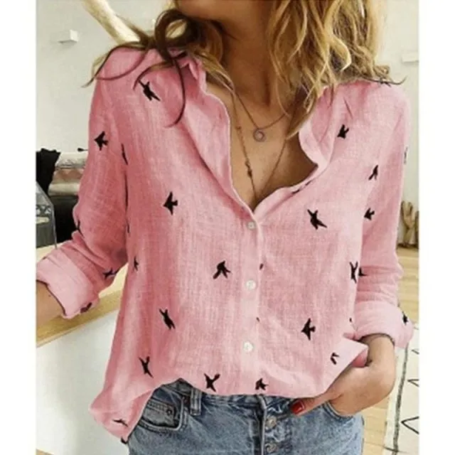 Casual Long Sleeve Birds Print Loose Shirts Women Oversized Cotton and Linen Blouses and Tops Vintage Streetwear Tunic Tees