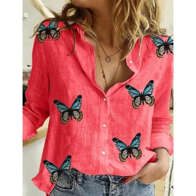 Casual Long Sleeve Birds Print Loose Shirts Women Oversized Cotton and Linen Blouses and Tops Vintage Streetwear Tunic Tees