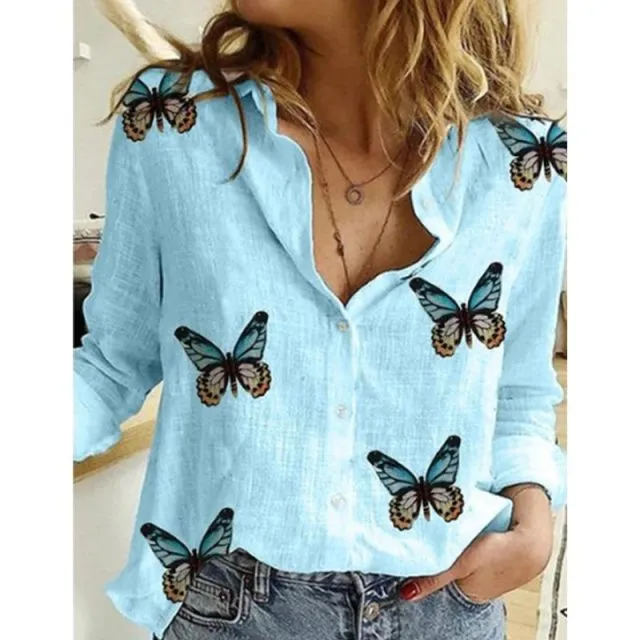 Casual Long Sleeve Birds Print Loose Shirts Women Oversized Cotton and Linen Blouses and Tops Vintage Streetwear Tunic Tees
