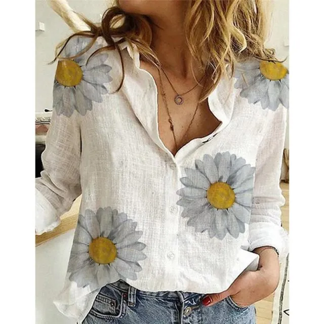 Casual Long Sleeve Birds Print Loose Shirts Women Oversized Cotton and Linen Blouses and Tops Vintage Streetwear Tunic Tees