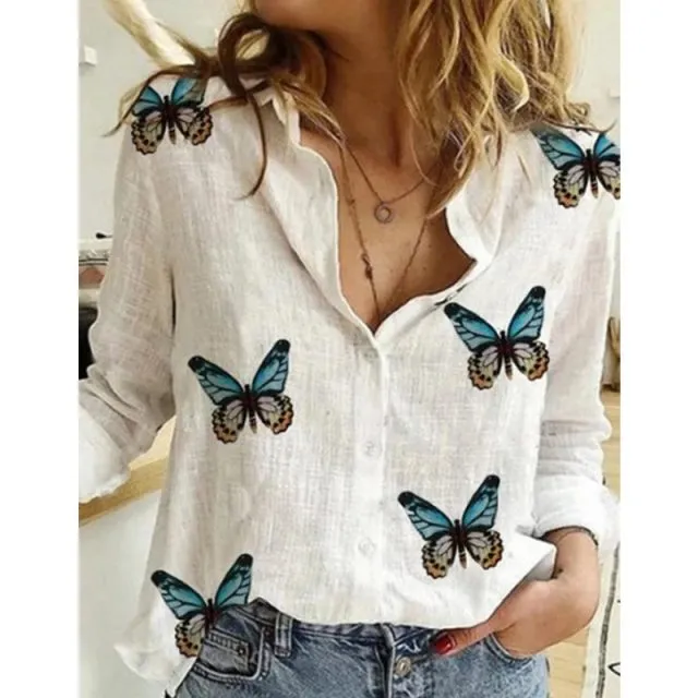 Casual Long Sleeve Birds Print Loose Shirts Women Oversized Cotton and Linen Blouses and Tops Vintage Streetwear Tunic Tees