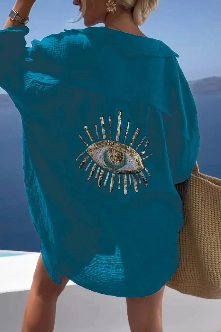 Casual Sequin Eye Shirt Dress  Beach Style Loose