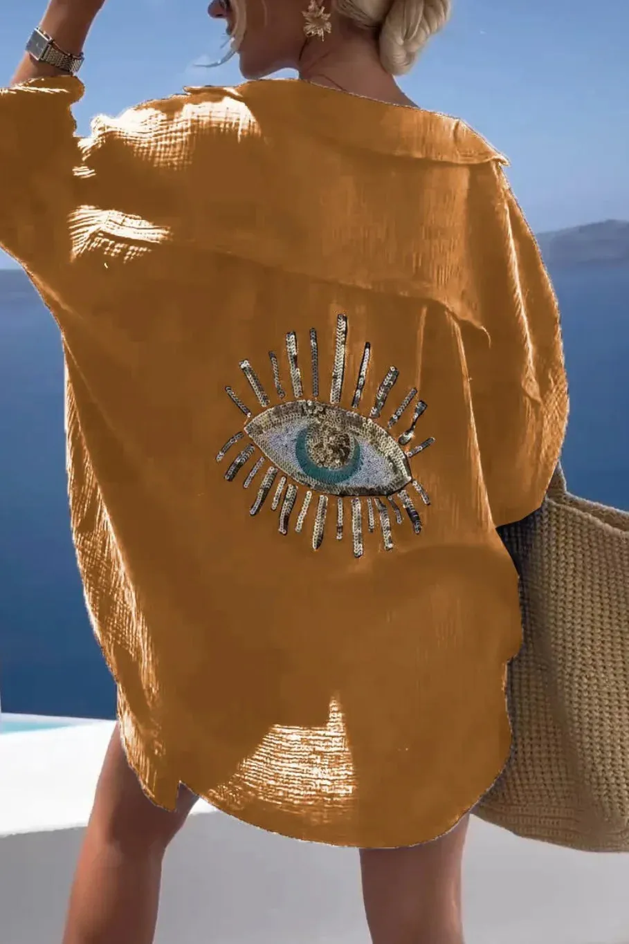 Casual Sequin Eye Shirt Dress  Beach Style Loose