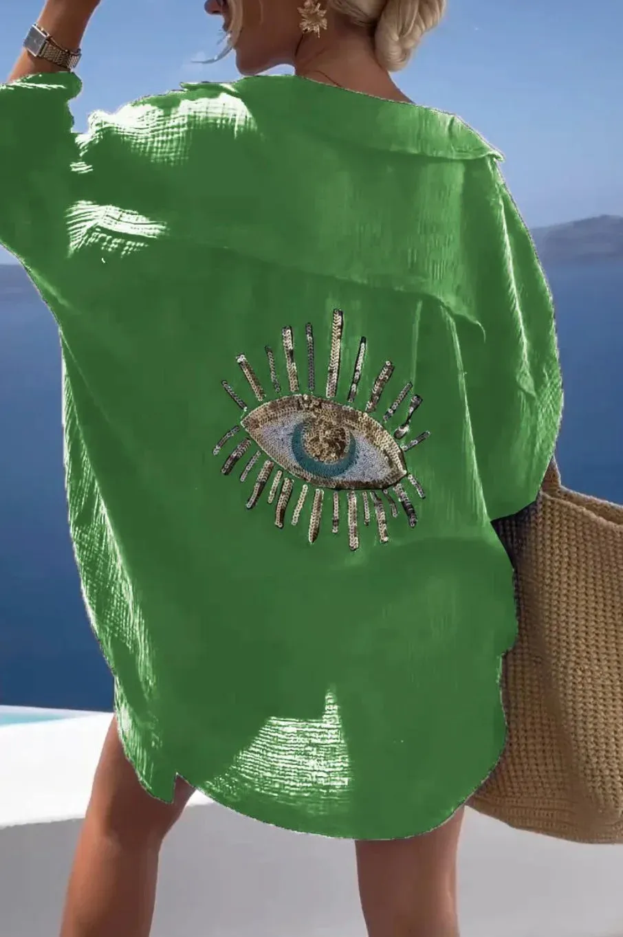 Casual Sequin Eye Shirt Dress  Beach Style Loose