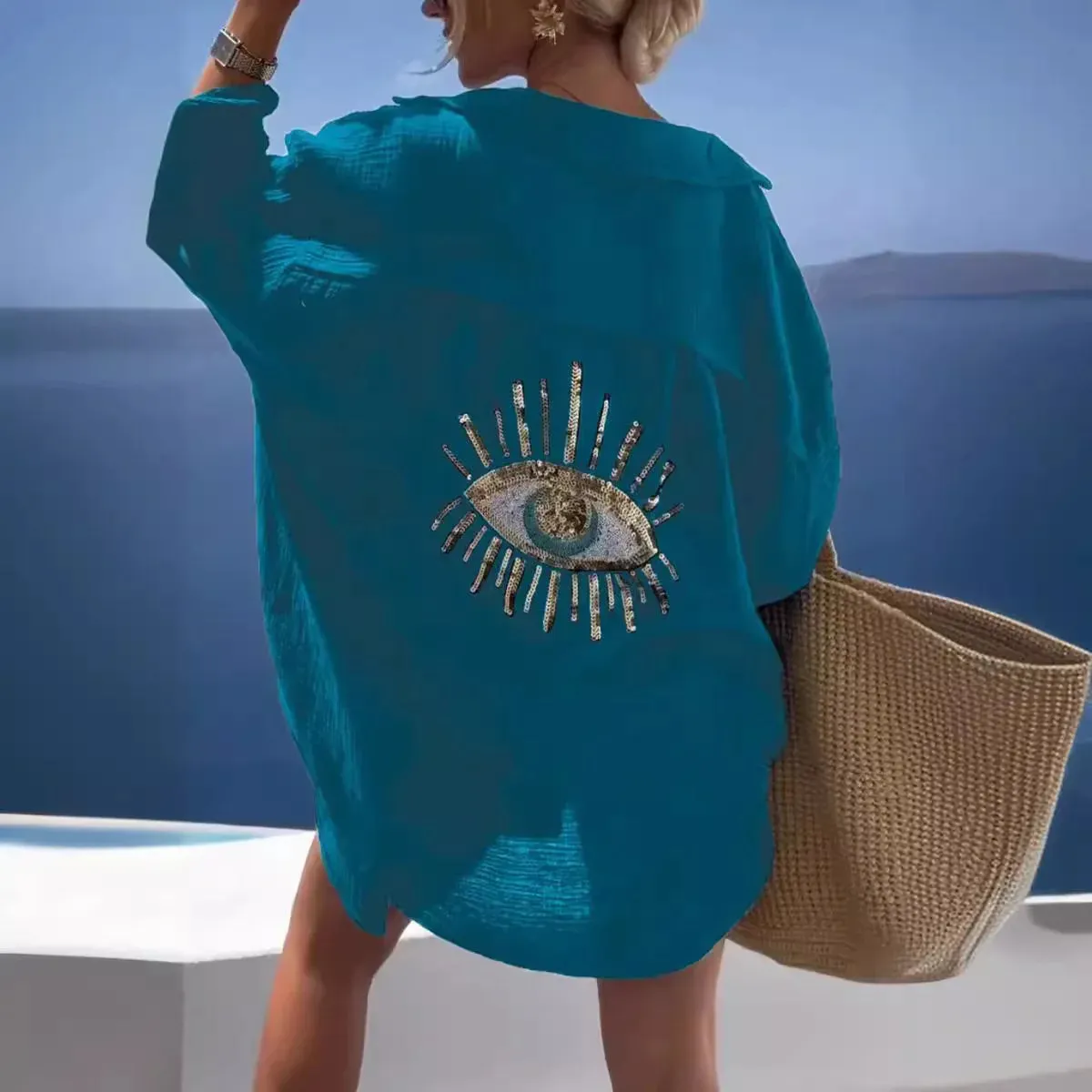 Casual Sequin Eye Shirt Dress  Beach Style Loose