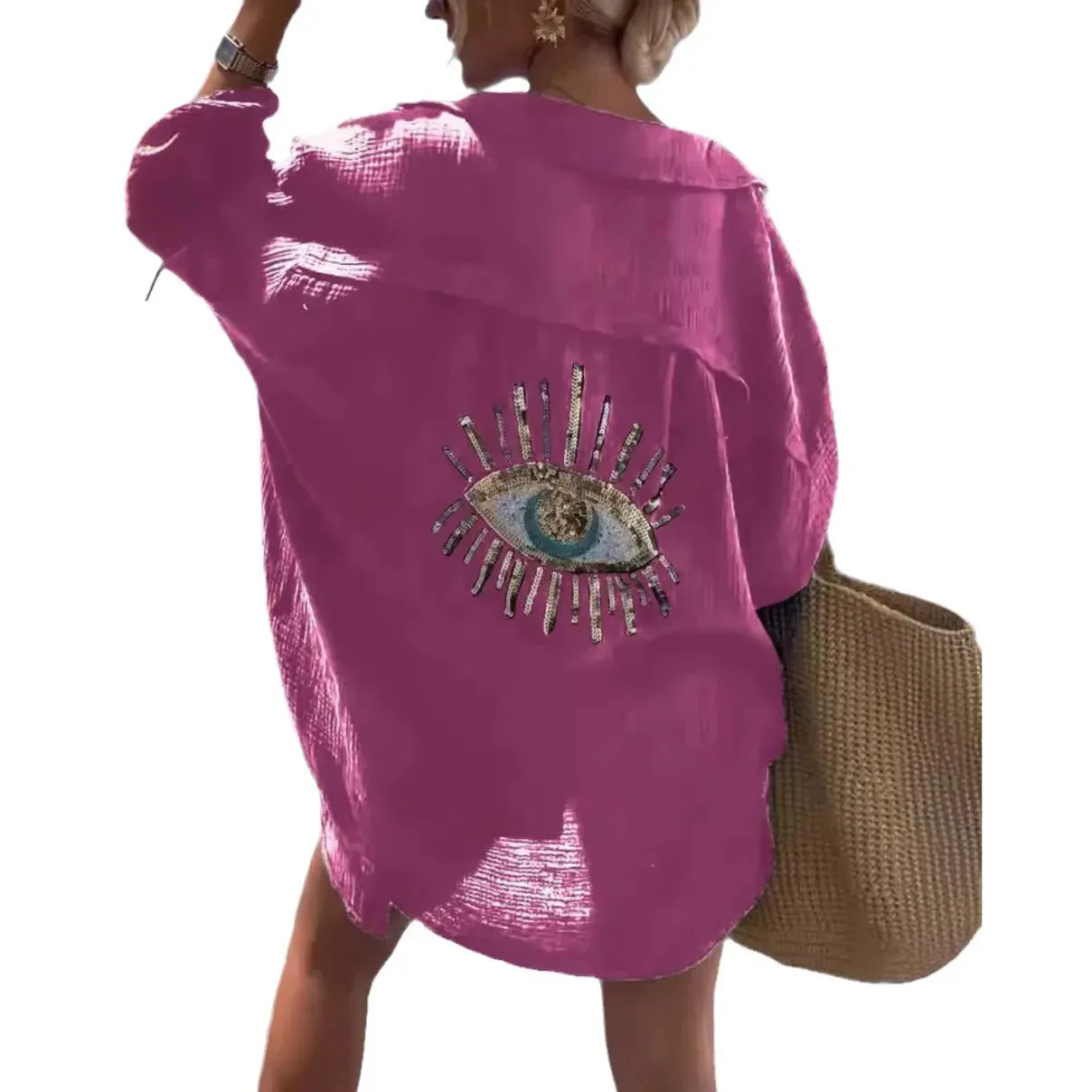 Casual Sequin Eye Shirt Dress  Beach Style Loose