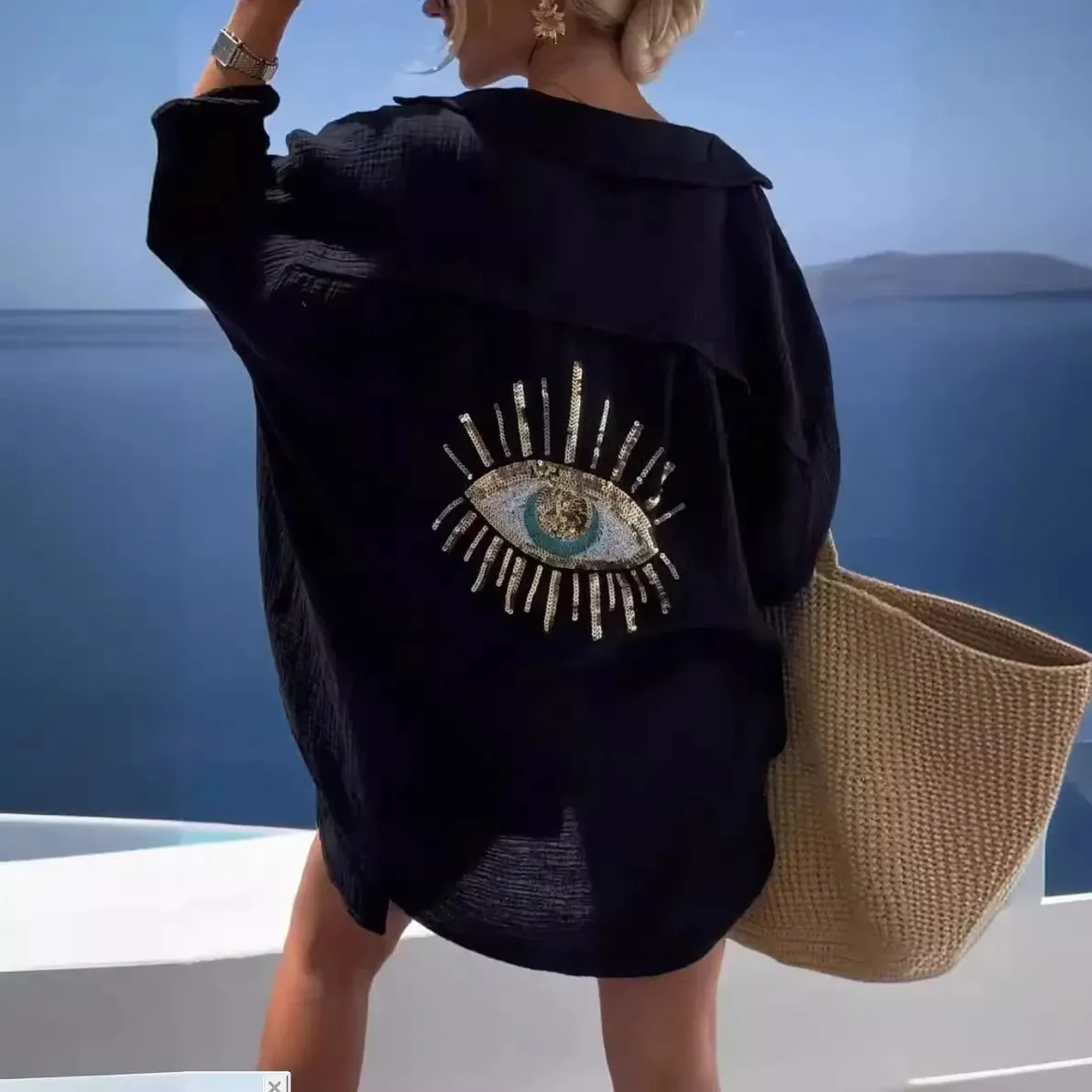 Casual Sequin Eye Shirt Dress  Beach Style Loose