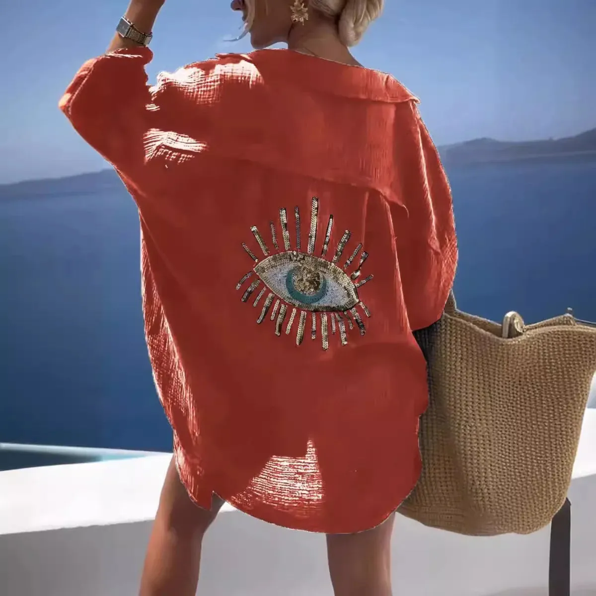 Casual Sequin Eye Shirt Dress  Beach Style Loose