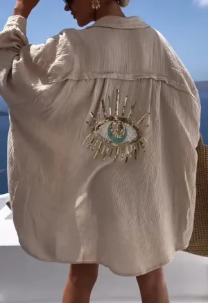 Casual Sequin Eye Shirt Dress  Beach Style Loose