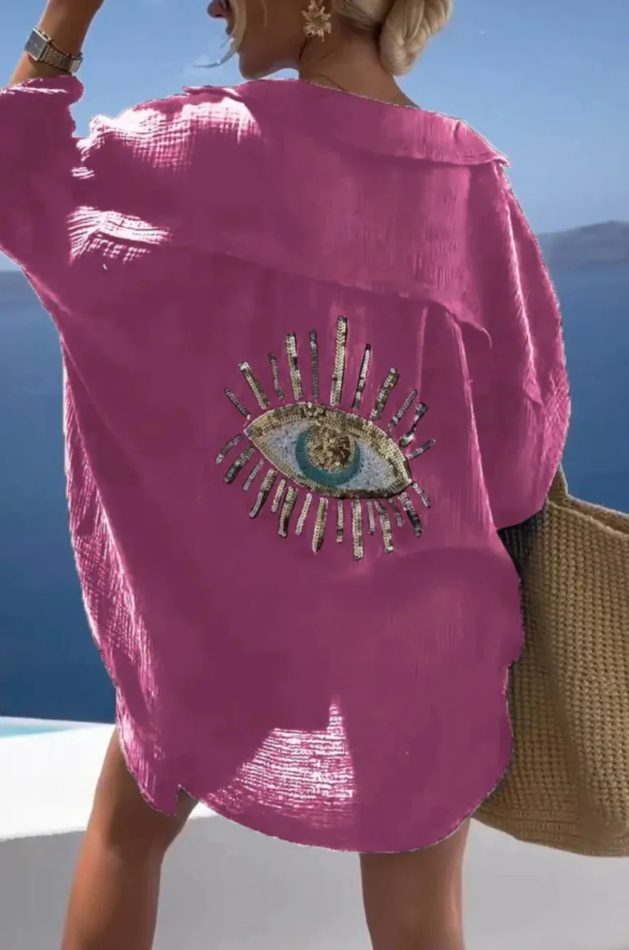 Casual Sequin Eye Shirt Dress  Beach Style Loose