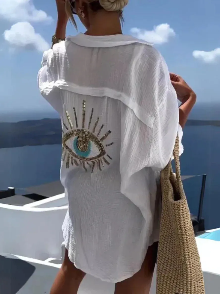 Casual Sequin Eye Shirt Dress  Beach Style Loose