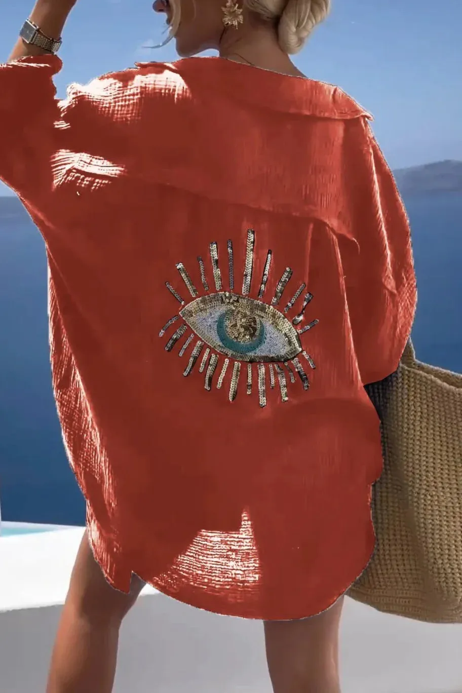 Casual Sequin Eye Shirt Dress  Beach Style Loose