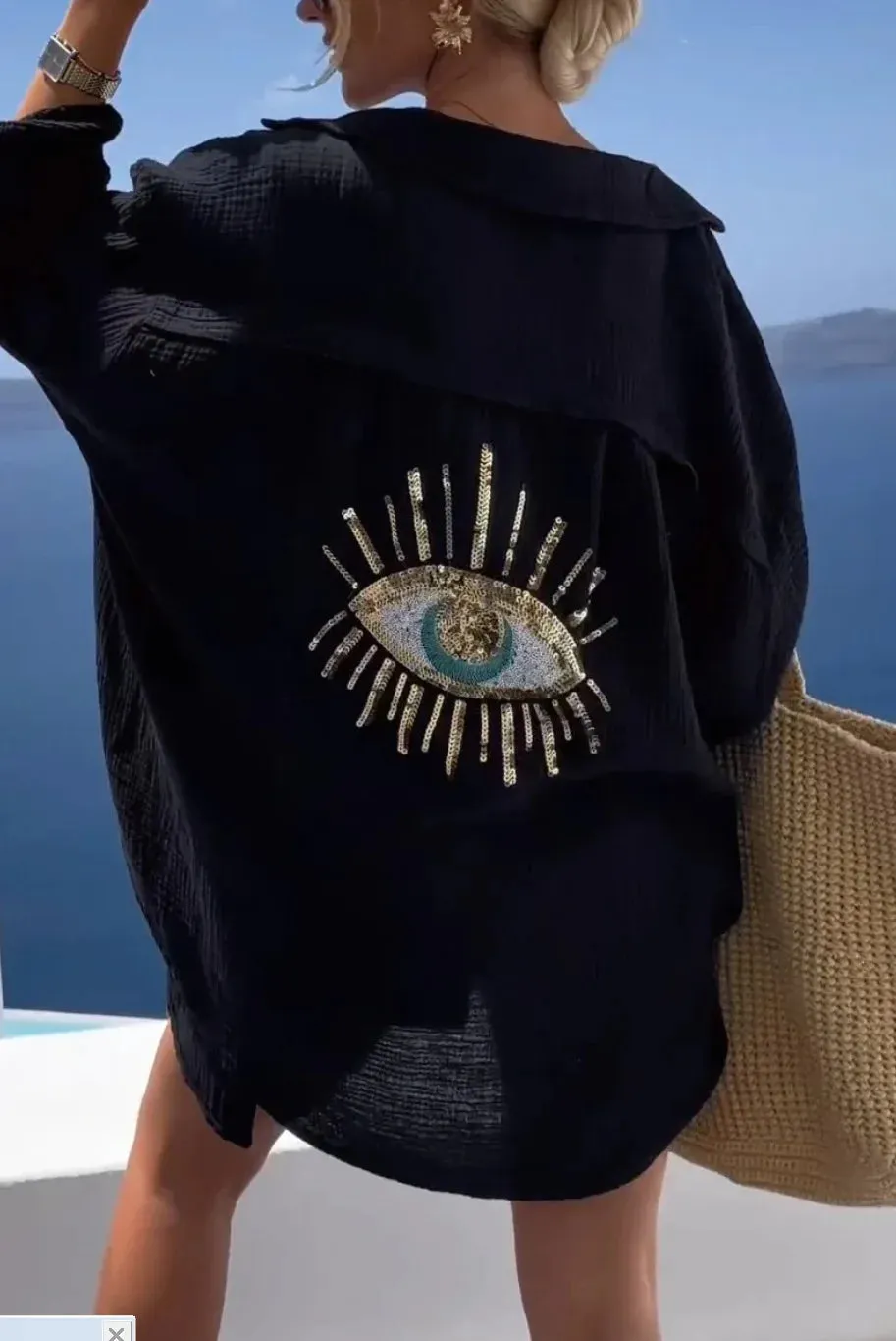 Casual Sequin Eye Shirt Dress  Beach Style Loose