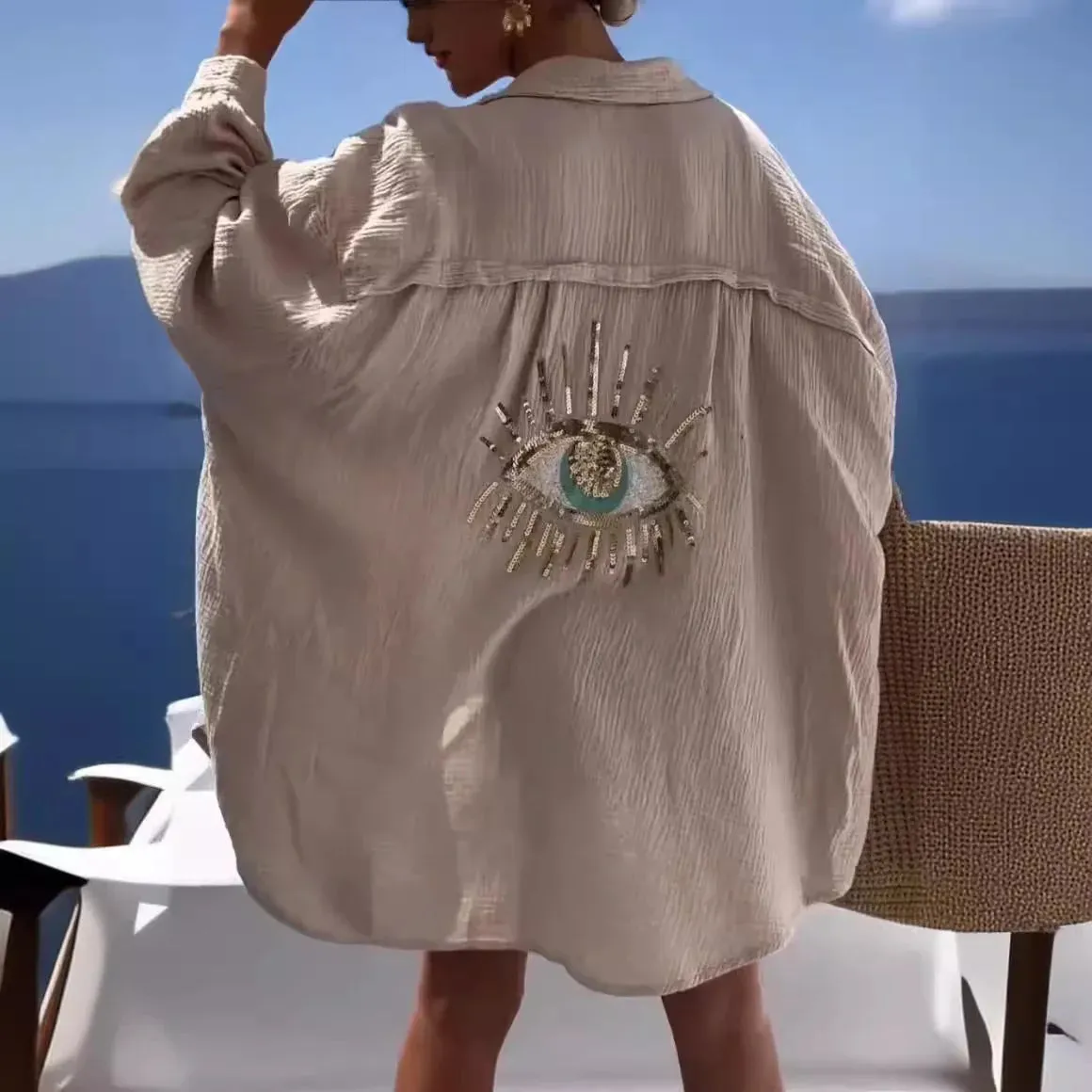 Casual Sequin Eye Shirt Dress  Beach Style Loose