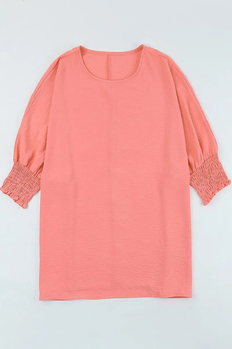 Casual Solid Smocking O Neck T-Shirts(3 Colors)