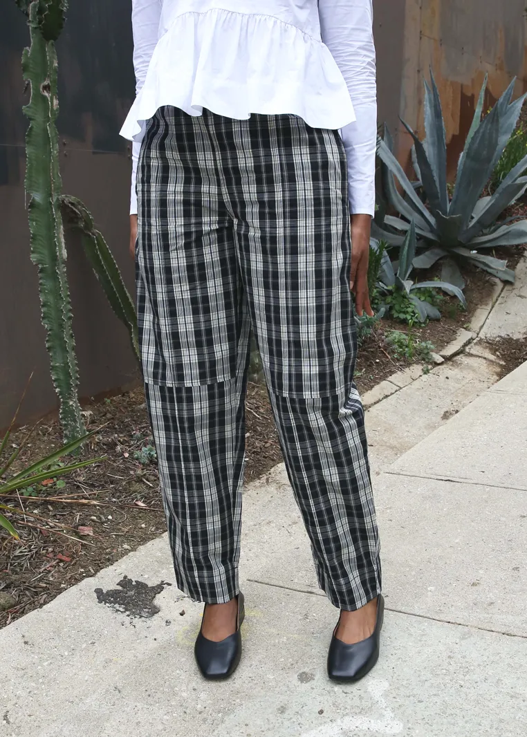 Check Cotton Elasticated Curve Pants - Black