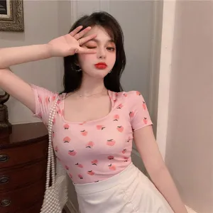 Cute Peach Printed Sexy Slim Shirt