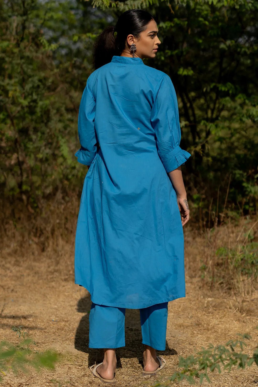 Cyan Blue Kurta Set with Pink Jaamdani Dupatta