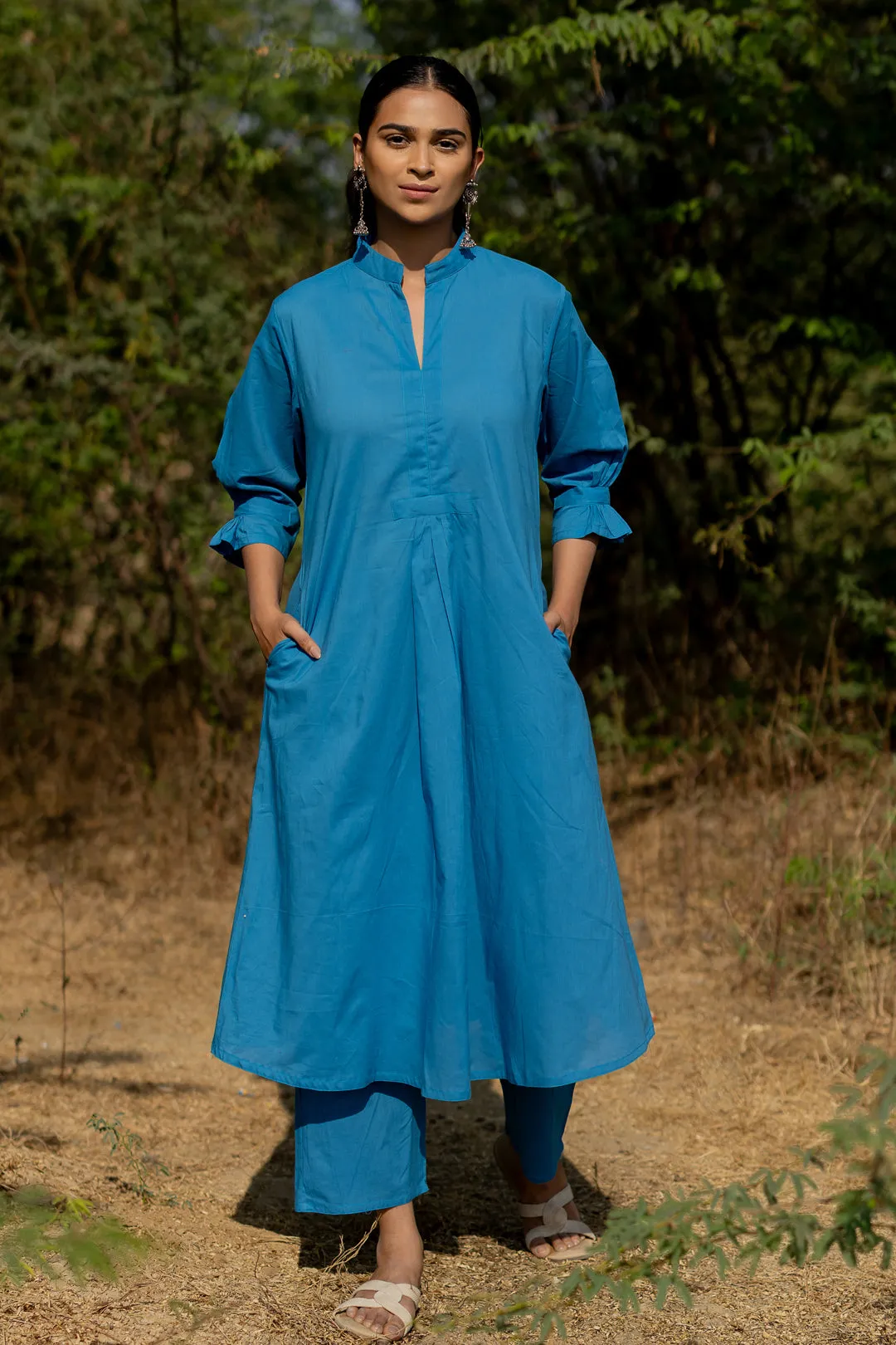 Cyan Blue Kurta Set with Pink Jaamdani Dupatta