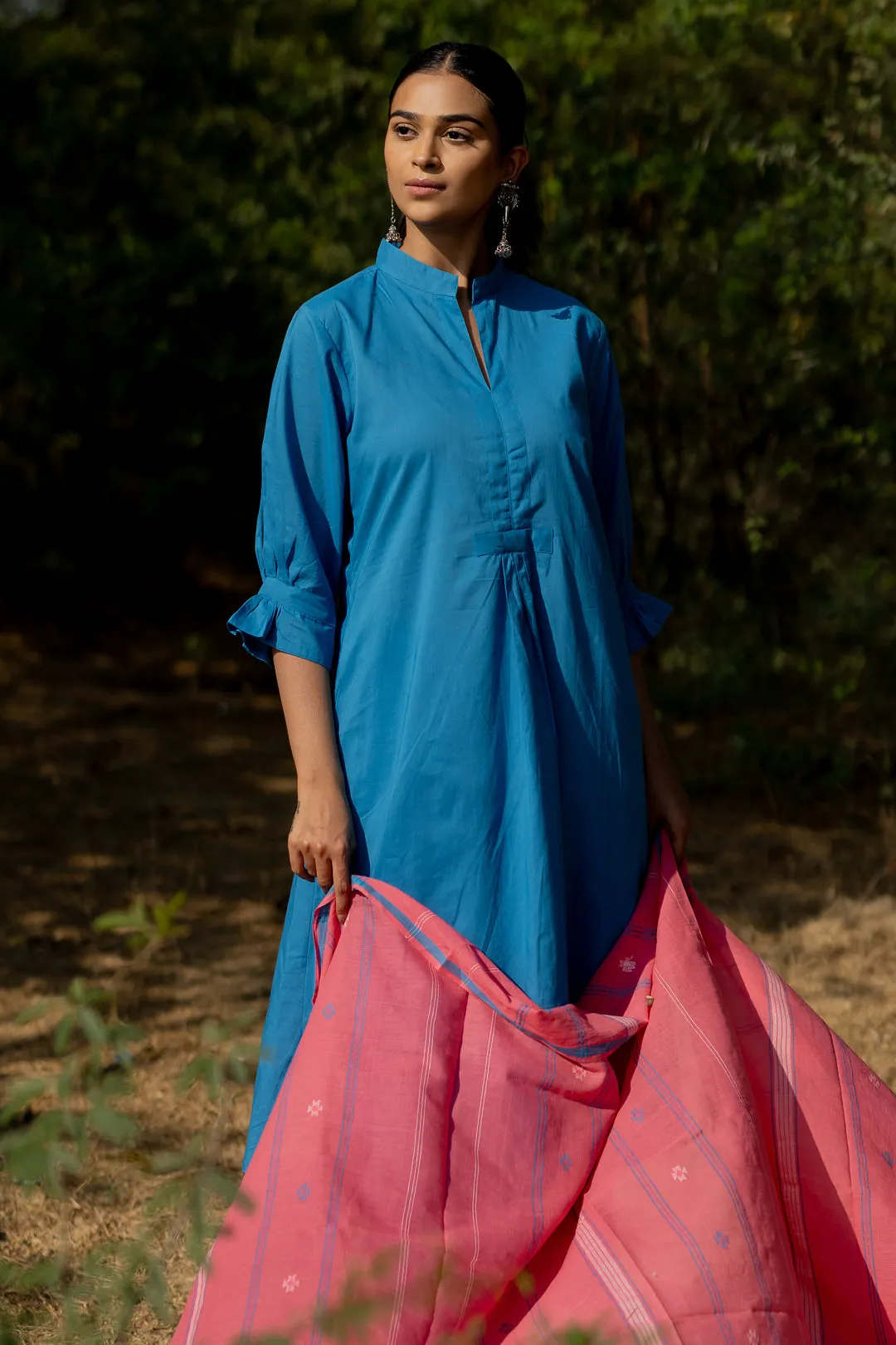 Cyan Blue Kurta Set with Pink Jaamdani Dupatta