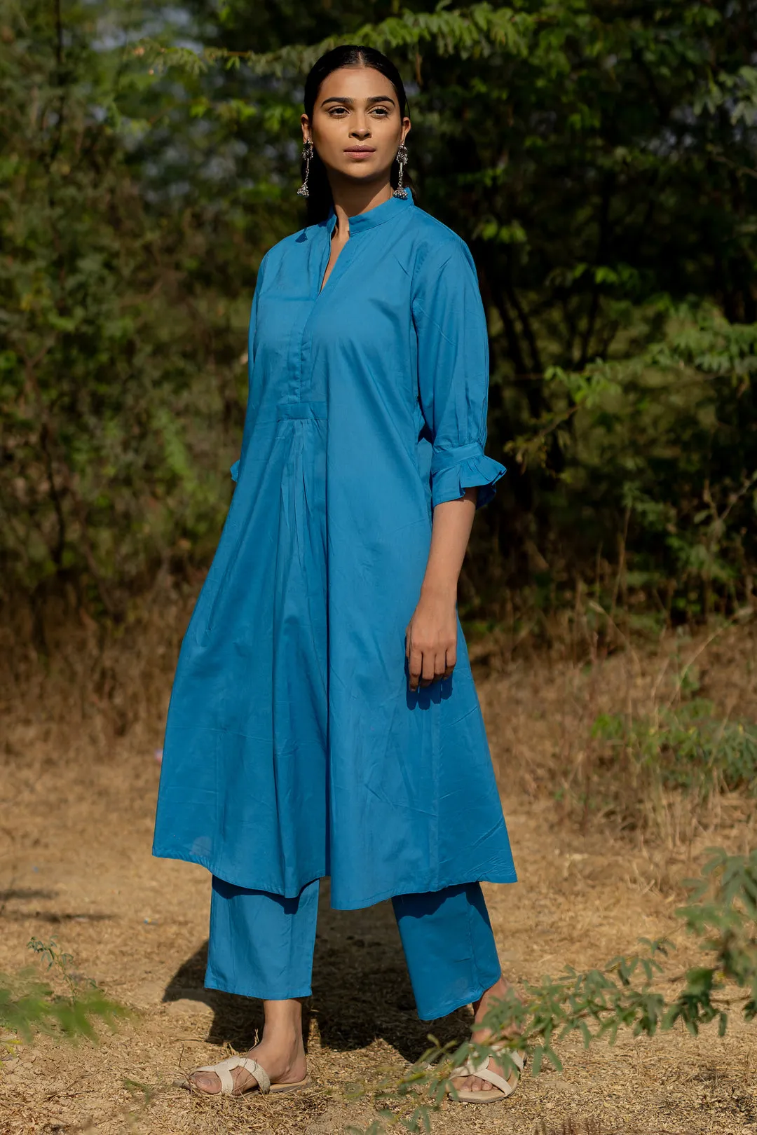 Cyan Blue Kurta Set with Pink Jaamdani Dupatta