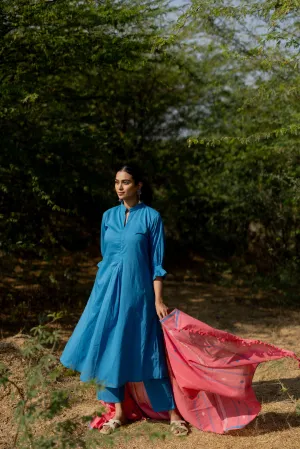 Cyan Blue Kurta Set with Pink Jaamdani Dupatta