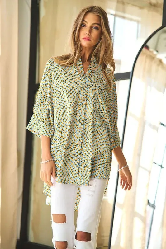 Davi & Dani Geo Printed Relaxed Fit Flowy Button Down Shirt