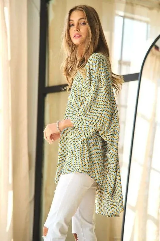 Davi & Dani Geo Printed Relaxed Fit Flowy Button Down Shirt