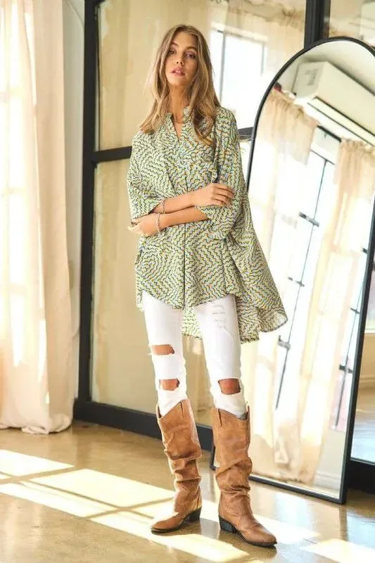 Davi & Dani Geo Printed Relaxed Fit Flowy Button Down Shirt