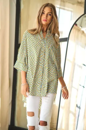 Davi & Dani Geo Printed Relaxed Fit Flowy Button Down Shirt