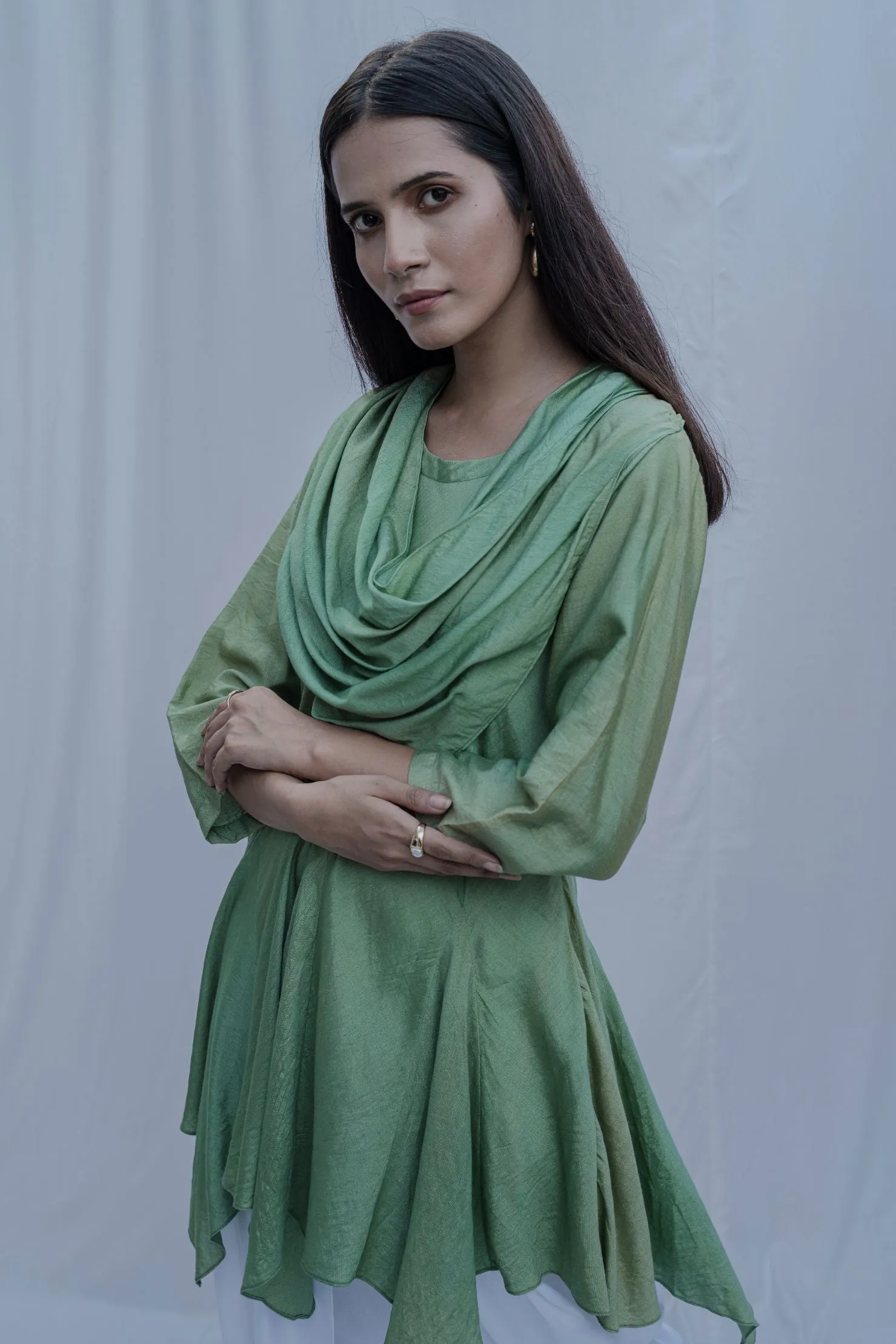 Dream Cowl Top in Light Green and Tulip Dhoti in White - Set