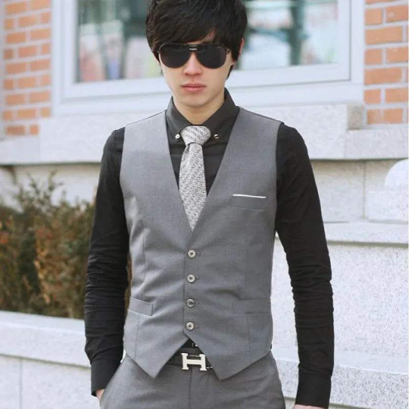Fashion Gilet Homme Business Suit Vests Slim Fit Men Waistcoat Single Button Men Dress Vest Plus Size 3XL