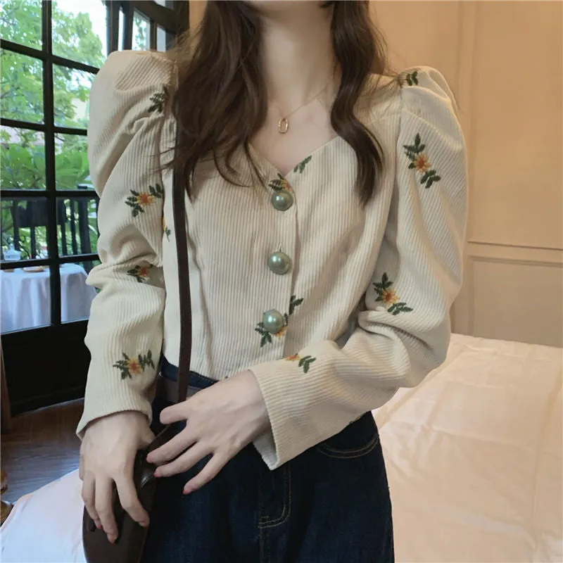 Flowers Embroidery Retro Corduroy Shirts