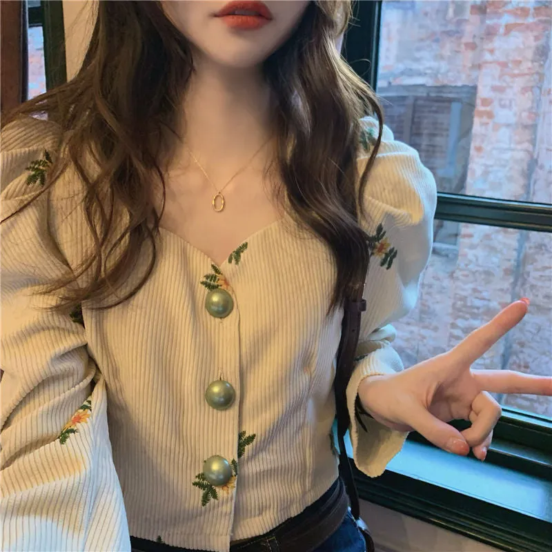 Flowers Embroidery Retro Corduroy Shirts