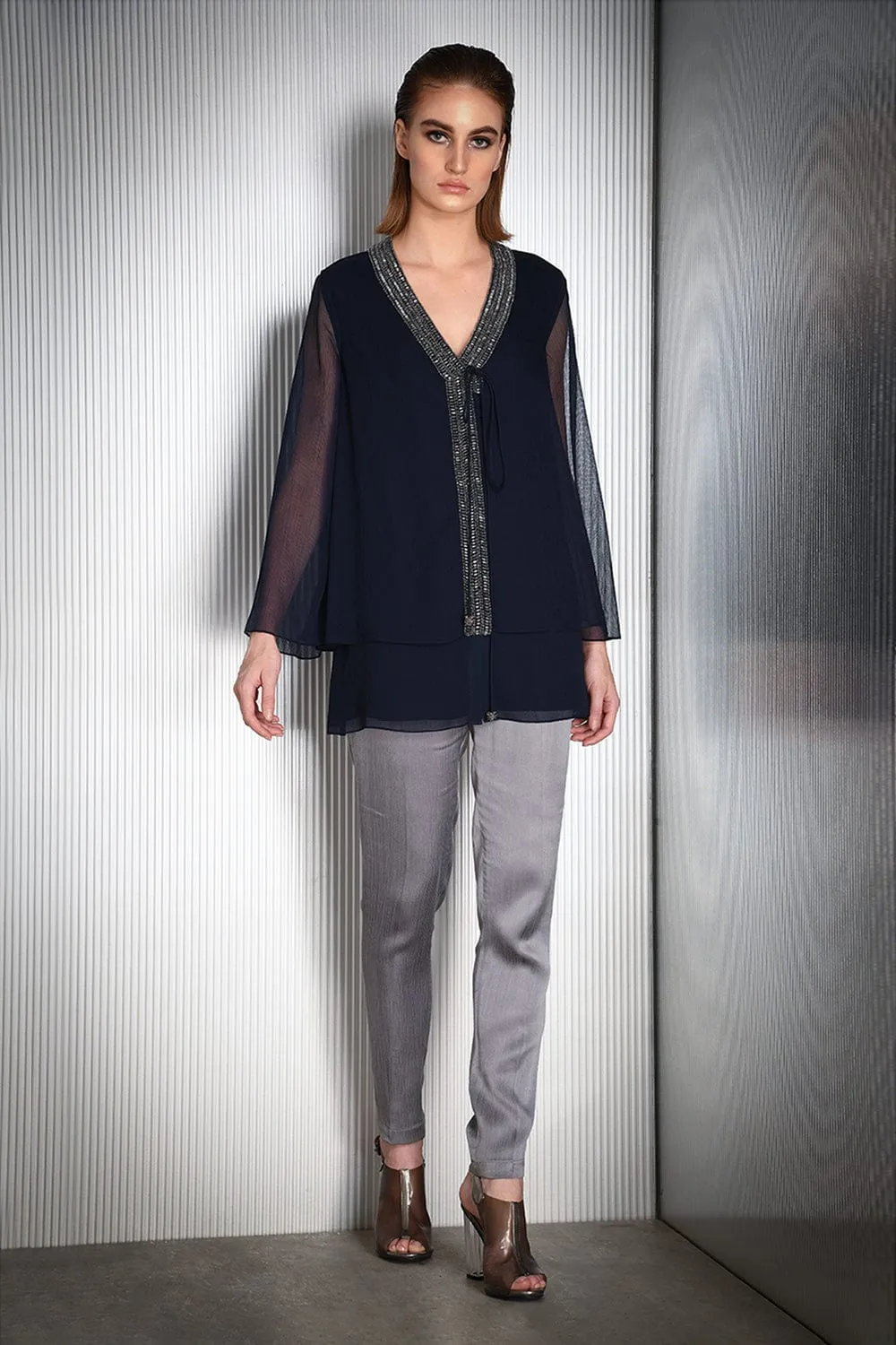 Flowy Chiffon Top With Crystal Embellished Lapel Fastened With Drawstring