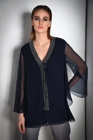 Flowy Chiffon Top With Crystal Embellished Lapel Fastened With Drawstring